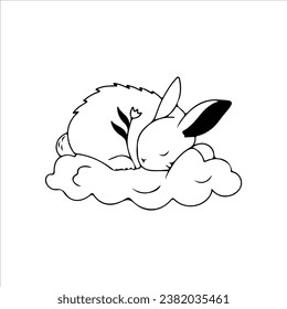 vector illustration of a rabbit sleeping in a cloud