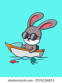 vector illustration of a rabbit in sunglasses riding a cute boat. animal icon concept