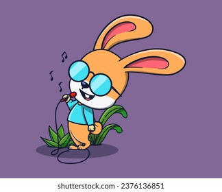 vector illustration of a rabbit wearing blue glasses singing using a cute microphone. animal icon concept