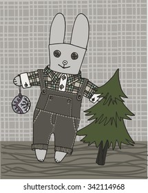 Vector illustration of rabbit wearing a jeans overalls and checked shirt with a Christmas tree. Monochrome graphic, shades of grey.