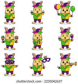 Vector illustration Rabbit wearing mardi gras clothes in different poses isolated on white background. A cartoon illustration of a Mardi Gras Rabbit. Mardi Gras jester, set.