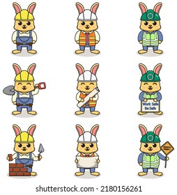 Vector illustration of Rabbit worker, builder, laborer cartoon. Cute Rabbit engineers workers, builders characters isolated cartoon illustration. Vector illustration on white background