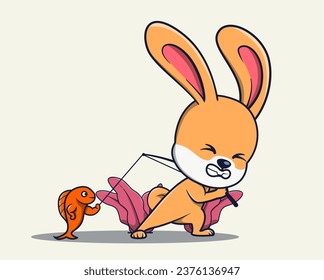 vector illustration of rabbits attracting each other with a fishing rod. animal icon concept