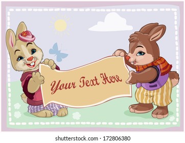 Vector illustration, rabbits with banner, card concept.