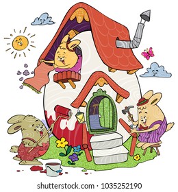 Vector illustration, rabbits building an egg house, card concept.