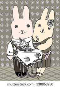 Vector illustration of rabbits couple drinking tea. Monochrome colors, hand drawing.