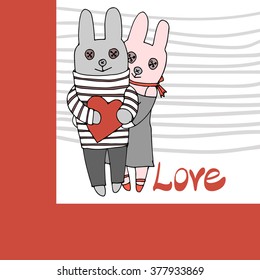 Vector illustration of rabbits couple with a heart in their paws with "love" and letter L as a frame. Pink and gray colors. Hand drawing, limited colors graphic.