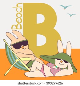 vector illustration of rabbits couple  lying on the beach. Letter B (beach) as a background. good for textile printing , advertising. education (abc-books) etc.