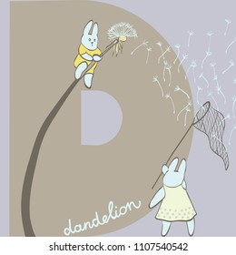 vector illustration of rabbits couple playing with dandelion seeds. Letter D (dandelion) as a background. good for textile printing etc.