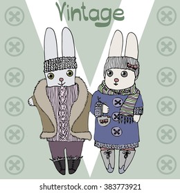 vector illustration of rabbits couple  wearing fur retro jackets and knitting clothes. Letter V(vintage) as a background. 