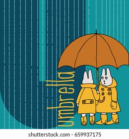 vector illustration of rabbits couple wearing yellow raincoats and boots staying under the orange umbrella. Letter U (umbrella) as a background. good for textile printing etc.