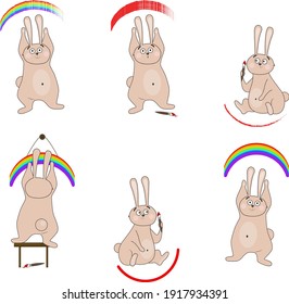Ilustración vectorial. Conejos. Coches. Abundantes de Pascua. Arcoiris, pintura, colores. Pincel, pintura, decoración, siete colores, cielo, felicidad, lindo, alegría, vacaciones. Primavera