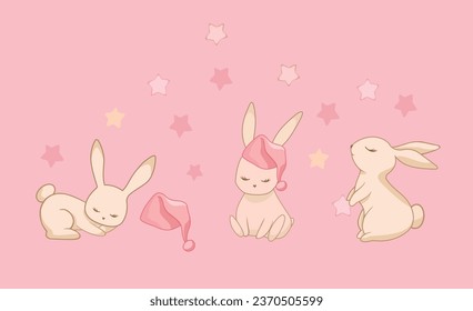 Vector illustration of rabbits with a hat and stars around them. Delicate art in soft tones.