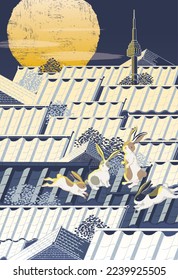 Vector illustration of rabbits on the roof under the moonlight in the Year of the Rabbit 2023. Happy New Year! Design for invitation card, poster, brochure, web design and print project	