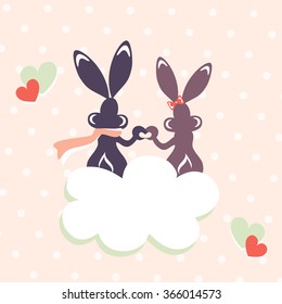 Vector illustration of rabbits sitting on a cloud. Rabbits in love. Valentine's day concept. Rabbits made heart with hands