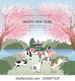 Vector illustration of rabbits in the spring scenery of Korean. Design for social media, party invitation, Frame Clip Art and Business Advertisement	