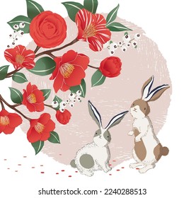 Vector illustration of rabbits under camellia trees. 2023 the year of the rabbit. New Year's Illustration