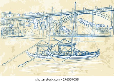 Vector illustration of rabelo boats in Porto, Portugal