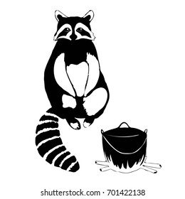 Vector illustration with a raccoon and a cauldron on fire. Minimalistic. Black and white.