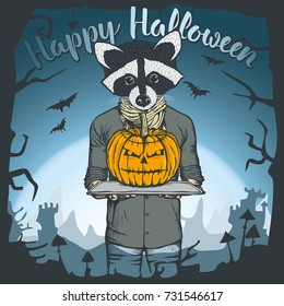 Vector illustration of raccoon celebrating Halloween. Raccoon with Halloween pumpkin