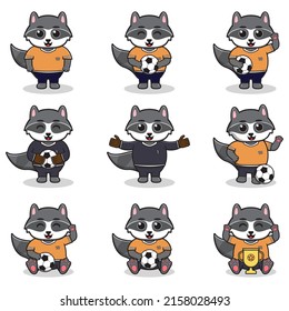 Vector illustration of Raccoon characters playing soccer. Cute Raccoon mascot playing football. Vector illustration bundle.