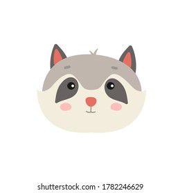 Vector Illustration of a Raccoon Face. Cute raccoon in Cartoon and Flat style.For web, Graphics, and Design.Hand Drawn Forest Animal's Head.Isolated in white background.