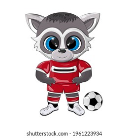 Vector illustration of a raccoon football player in sneakers and with a soccer ball. Cute isolated illustration of an animal that is engaged in active sports, children's beautiful print.