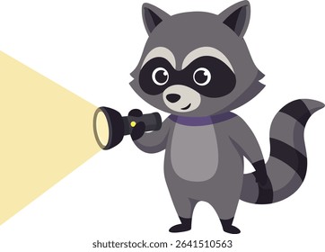 Vector illustration of a raccoon holding a flashlight, shining a yellow light beam to the left, standing on a white background with a cheerful expression. Bright and playful mood.