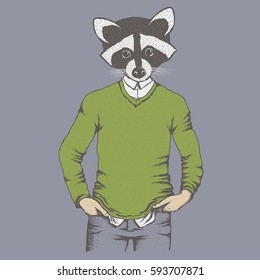 Vector illustration. Raccoon in human sweatshirt.