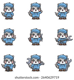 Vector Illustration of Raccoon Mechanic Cartoon Character. Mechanic Character Vector Illustration. Raccoon Character animal. Mechanic Mascot.