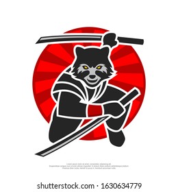 Vector illustration of a raccoon ninja holding a sword