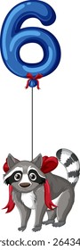 Vector illustration of a raccoon with a red bow holding a blue number six balloon