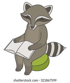 Vector illustration - raccoon sitting on stool ottoman and reading book