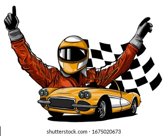 A Vector Illustration Of A Race Car Driver In Front Of His Car