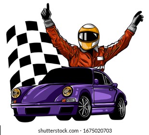 A vector illustration of a race car driver in front of his car