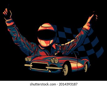 A Vector Illustration Of A Race Car Driver With Flag