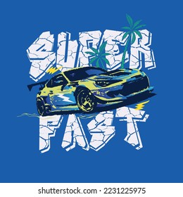 Vector illustration of race car with palm and typography. For boys t shirt.