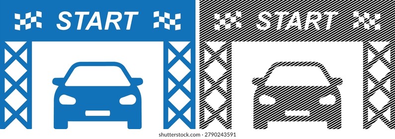 Vector illustration of a race car starting line gate with a checkered finish flag banner, competition