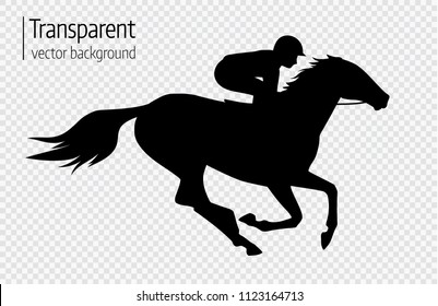 Vector illustration of  race horse with jockey. Black isolated silhouette on transparent background. Equestrian competition logo.