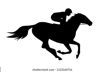 Vector illustration of  race horse with jockey. Black isolated silhouette on white background. Equestrian competition logo.