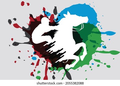 Vector illustration of race horse with jockey. Black isolated silhouette on white background. Equestrian competition logo.