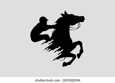 Vector illustration of race horse with jockey. Black isolated silhouette on white background. Equestrian competition logo.