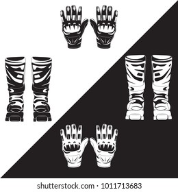 Vector illustration of race motorcycle, hovering motorcycle boots and gloves. Elements of motorcycle suit black and white templates. Flat style design.