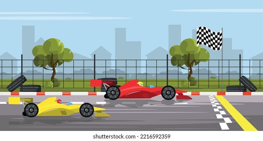 Vector illustration of race start. Cartoon race track with car, start flag, spare tires with the city in the background.