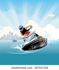 Vector illustration of a racer on a water scooter in summer against a cityscape