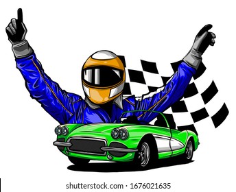 vector illustration of racing car with checker flag on grungy background