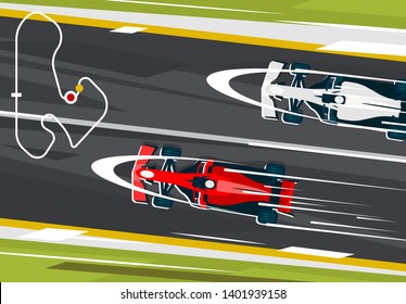 Vector Illustration Of A Racing Cars, Formula, Racing On The Highway, Top View Sports High-speed Automobile, Royal Racing