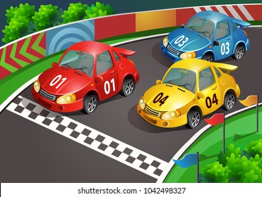 Vector illustration. Racing cars go to the finish line.