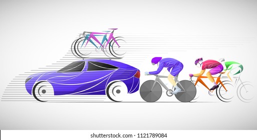 Vector illustration of racing cyclists followed by support car with bikes on the roof. Concept of road cycling, competition, team support, and endurance sport.
