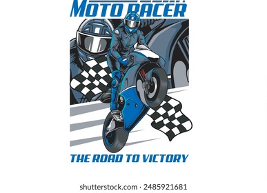 Vector Illustration of Racing Motorcycle and Racing Flags with Vintage Illustration Available for Tshirt Design
